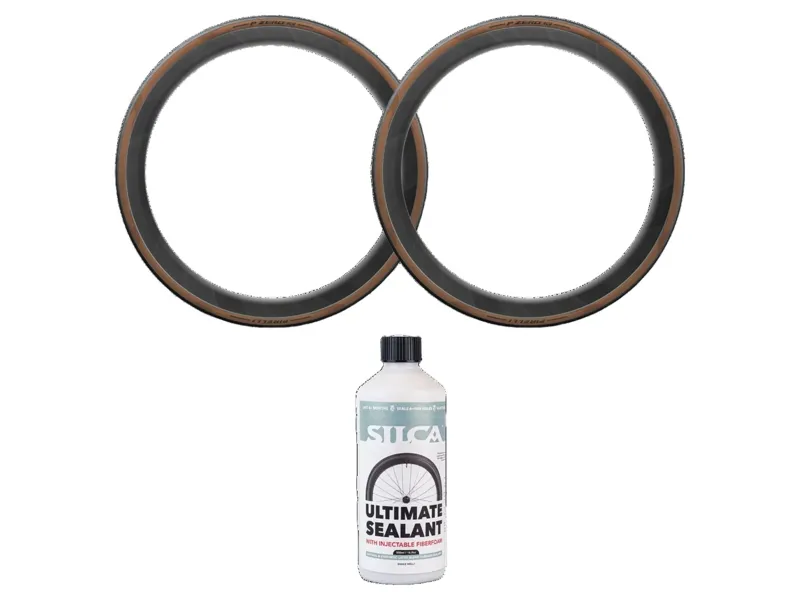 Pirelli P Zero Race TLR Classic 700x26-32c Tyre Pair in Tan with Silca v2 Sealant 500ml Bundle