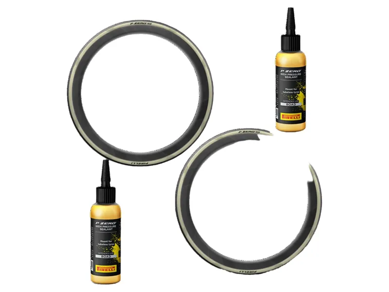 Pirelli P ZERO Race TLR Retro 700c Tyre Pair in Black/Cream with 2 x Pirelli P Zero Sealant 60ml in Yello