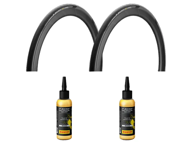 Pirelli P ZERO Race TLR RS 700c Tyre Pair in Black with 2 x  Pirelli P Zero Sealant 65ml in Yellow Bundle