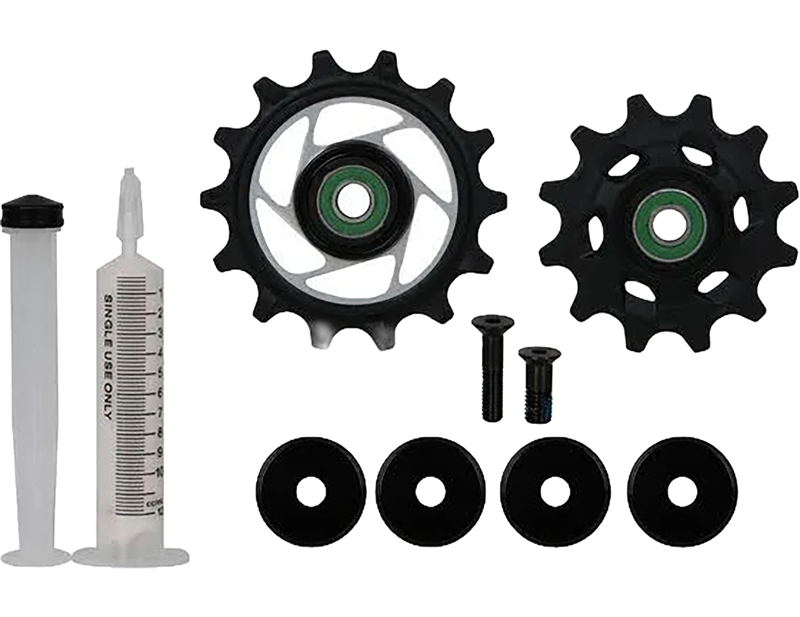 Balfes Bikes Sram SRAM Rear Derailleur Ceramic Pulley Kit Red AXS E1 Includes 12T Upper Pulley And 14T Lower Metal Spider Pulley 18.5mm And 12.8mm Titanium Pulley Screw | Free postage over £30, £10 off first order, price match & 0% finance.