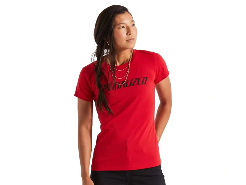 Balfes Bikes Specialized Women's Wordmark Short Sleeve T-Shirt in Flo Red | Free postage over £30, £10 off first order, price match & 0% finance.