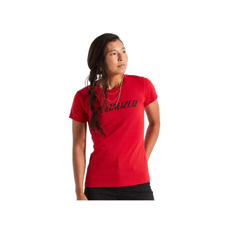 Balfes Bikes Specialized Women's Wordmark Short Sleeve T-Shirt in Flo Red | Free postage over £30, £10 off first order, price match & 0% finance.