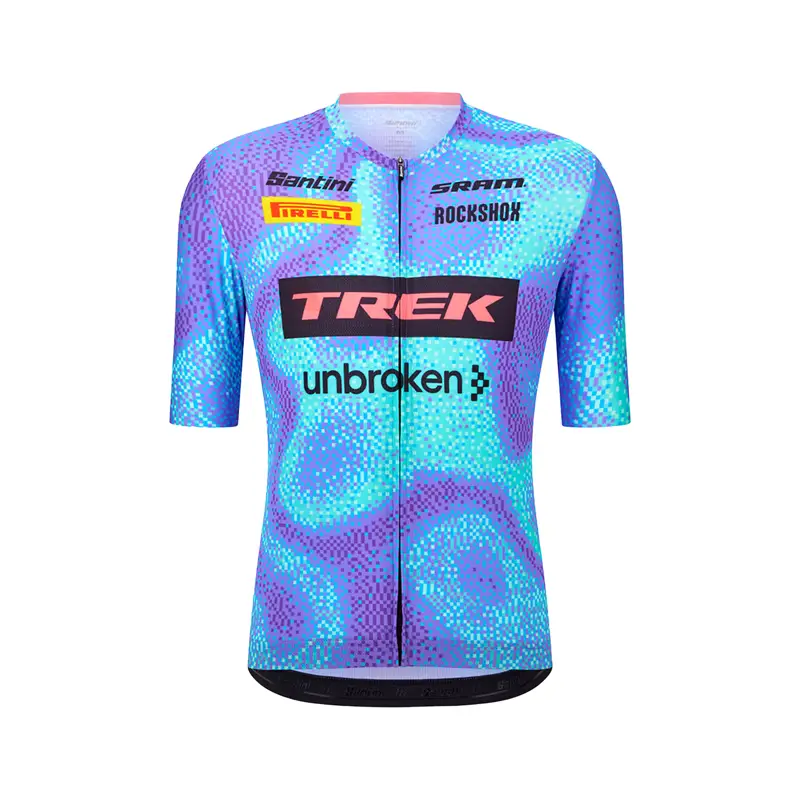Balfes Bikes Trek Santini Trek-Unbroken XC Team Replica Short Sleeve Cycling Jersey in Light Blue | Free postage over £30, £10 off first order, price match & 0% finance.