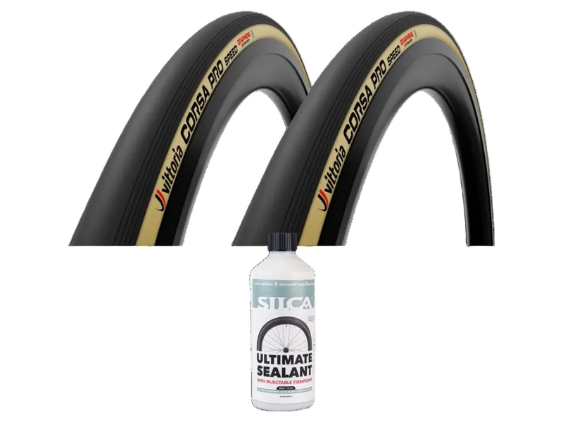 Vittoria Corsa N.EXT 700x29c TLR Wide Rim G2.0 Road Tyre Pair in Tan Wall with Silca Ultimate Tubeless Sealant v2 500ml Bundle