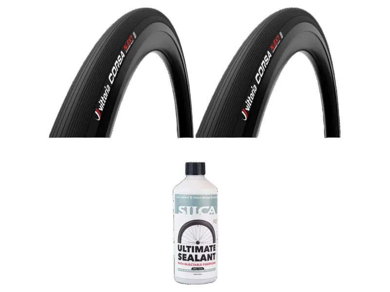 Vittoria Corsa N.EXT 700x29c TLR Wide Rim G2.0 Road Tyre Pair with Silca Ultimate Tubeless Sealant v2 500ml Bundle