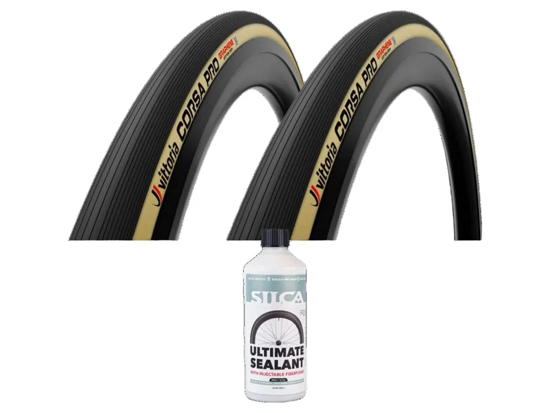 Vittoria Corsa Pro 700c Folding TLR G2.0 Tyre Pair in Black/Tan with Silca v2 Sealant 500ml Bundle