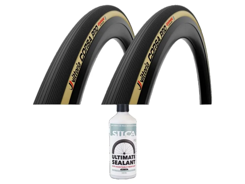 Vittoria Corsa Pro 700x29c TLR Wide Rim G2.0 Road Tyre in Tan Wall with Silca Ultimate Tubeless Sealant v2 500ml Bundle
