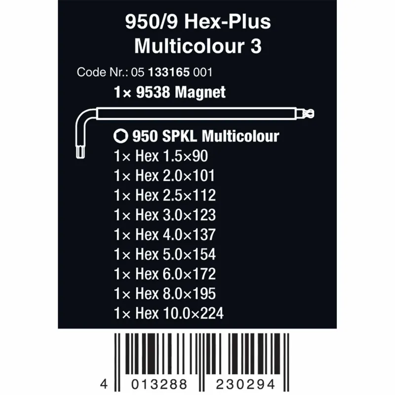 Wera Tools 950/9 SPKL Hex-Plus 3 L-Key Set Workshop Rack 9pc-3